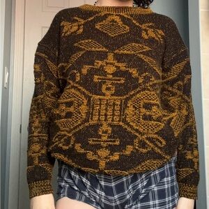 Brown and Gold Patterned Grandpa Sweater
